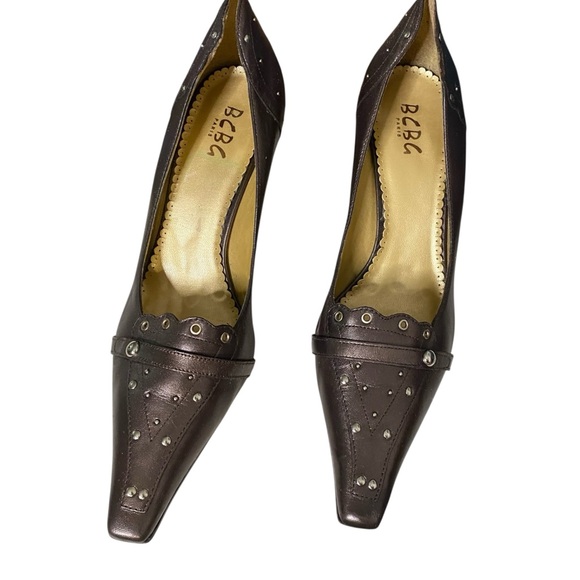 Y2K BCBG Brown Metallic Leather Studded Heels with Original 90’s Logo - Picture 1 of 9